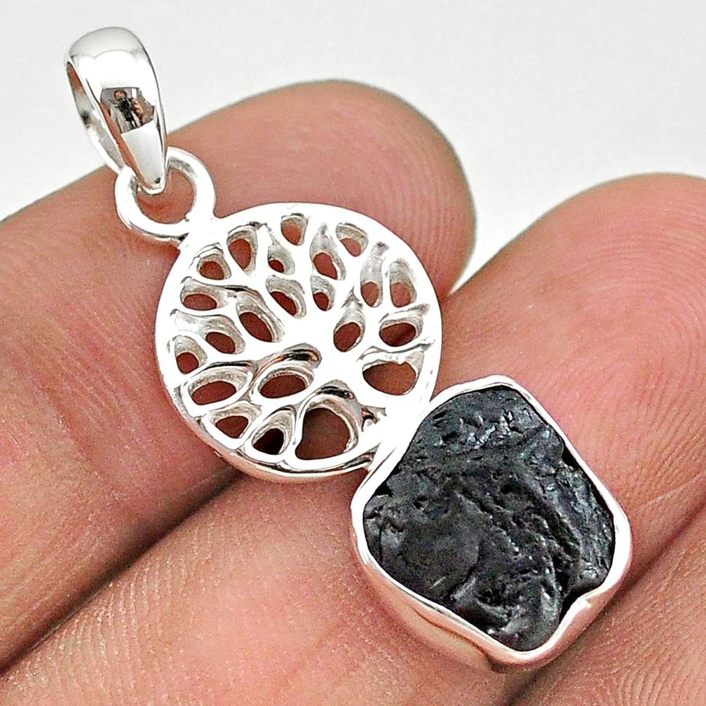 4.64cts natural black tourmaline raw 925 silver tree of life pendant t20844