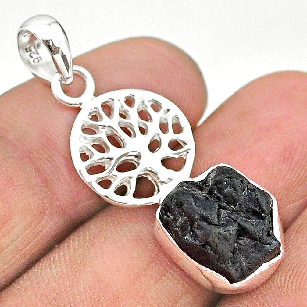 5.36cts natural black tourmaline raw 925 silver tree of life pendant t20849