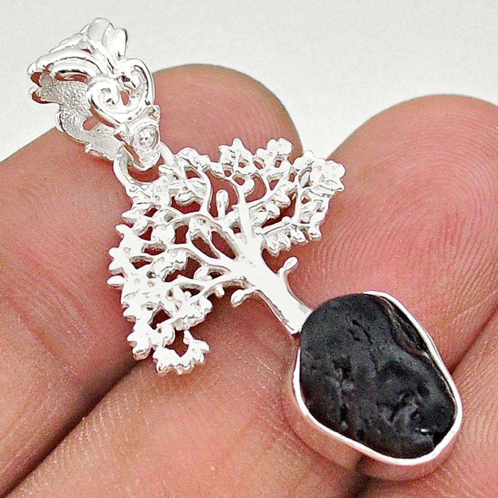 5.24cts natural black tourmaline raw 925 silver tree of life pendant t20870