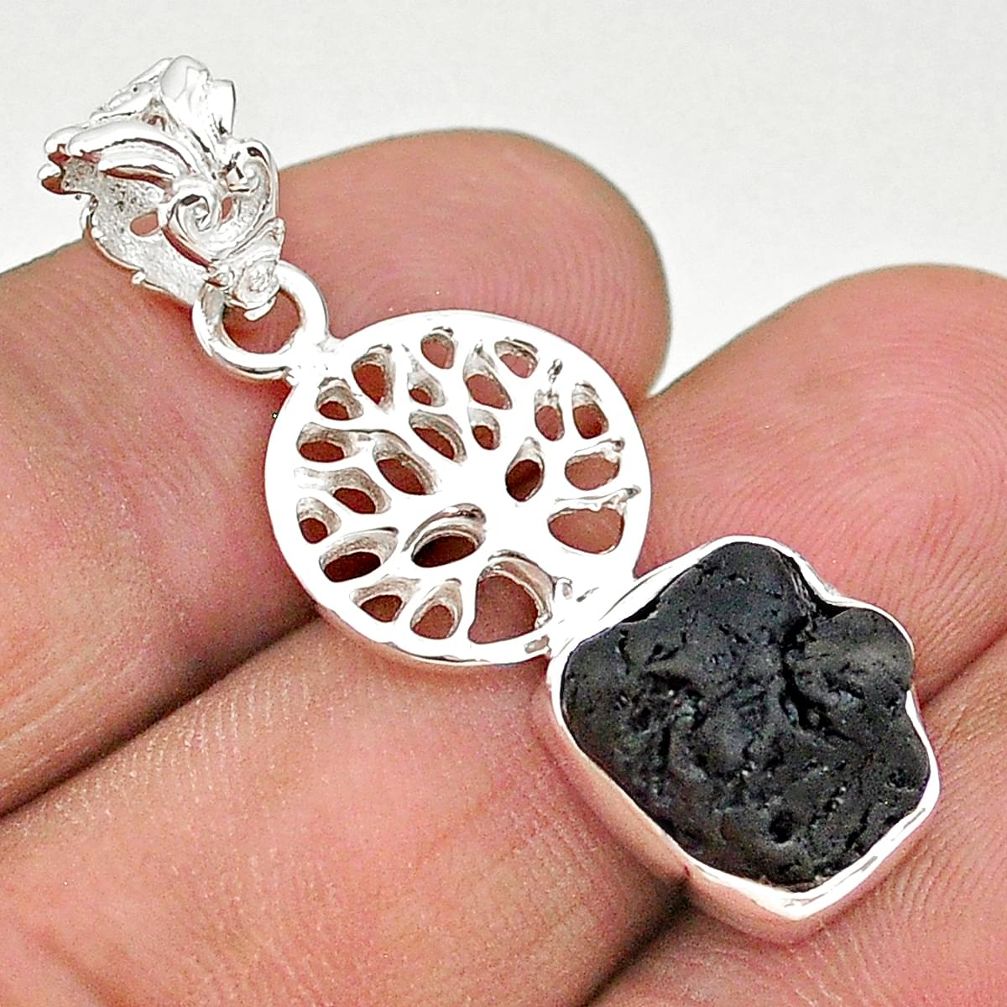 5.54cts natural black tourmaline raw 925 silver tree of life pendant t20895