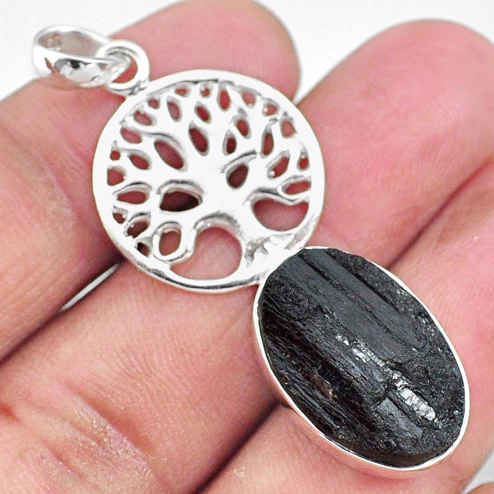 13.24cts natural black tourmaline raw 925 silver tree of life pendant t9841