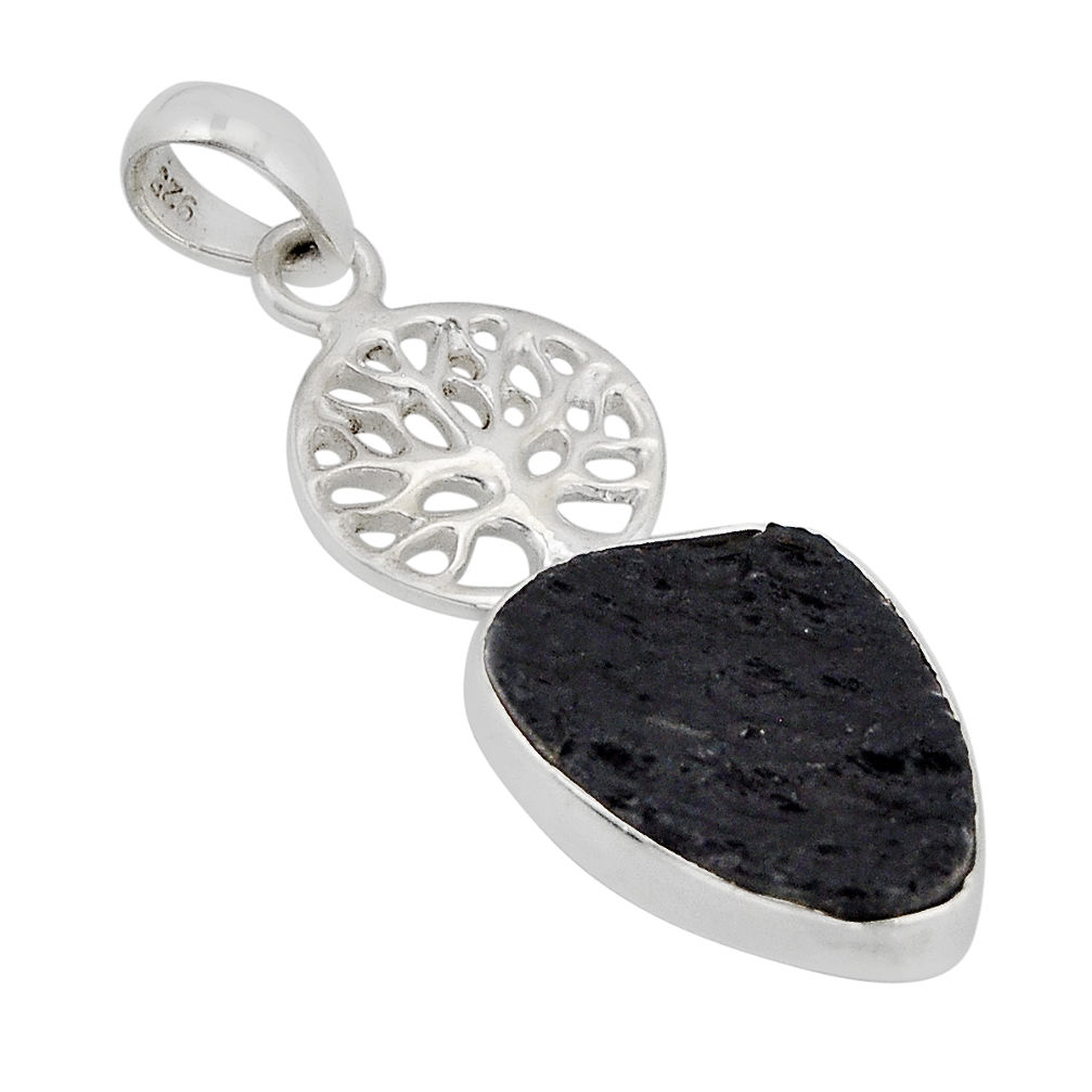 9.39cts natural black tourmaline rough 925 silver tree of life pendant y70728