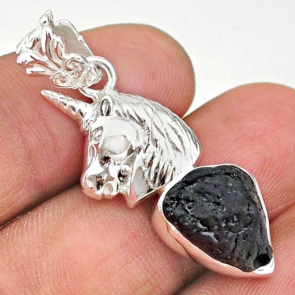 6.56cts natural black tourmaline raw 925 sterling silver horse pendant t20892