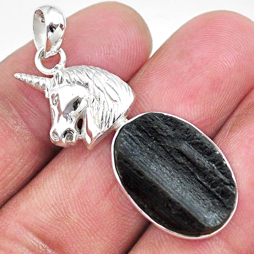 14.26cts natural black tourmaline raw 925 sterling silver horse pendant t9848