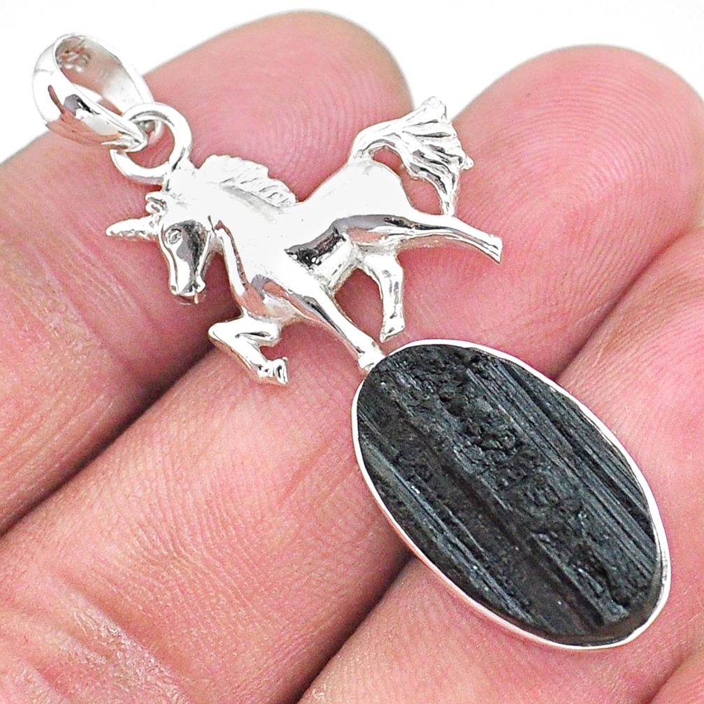 13.28cts natural black tourmaline raw 925 sterling silver horse pendant t9850