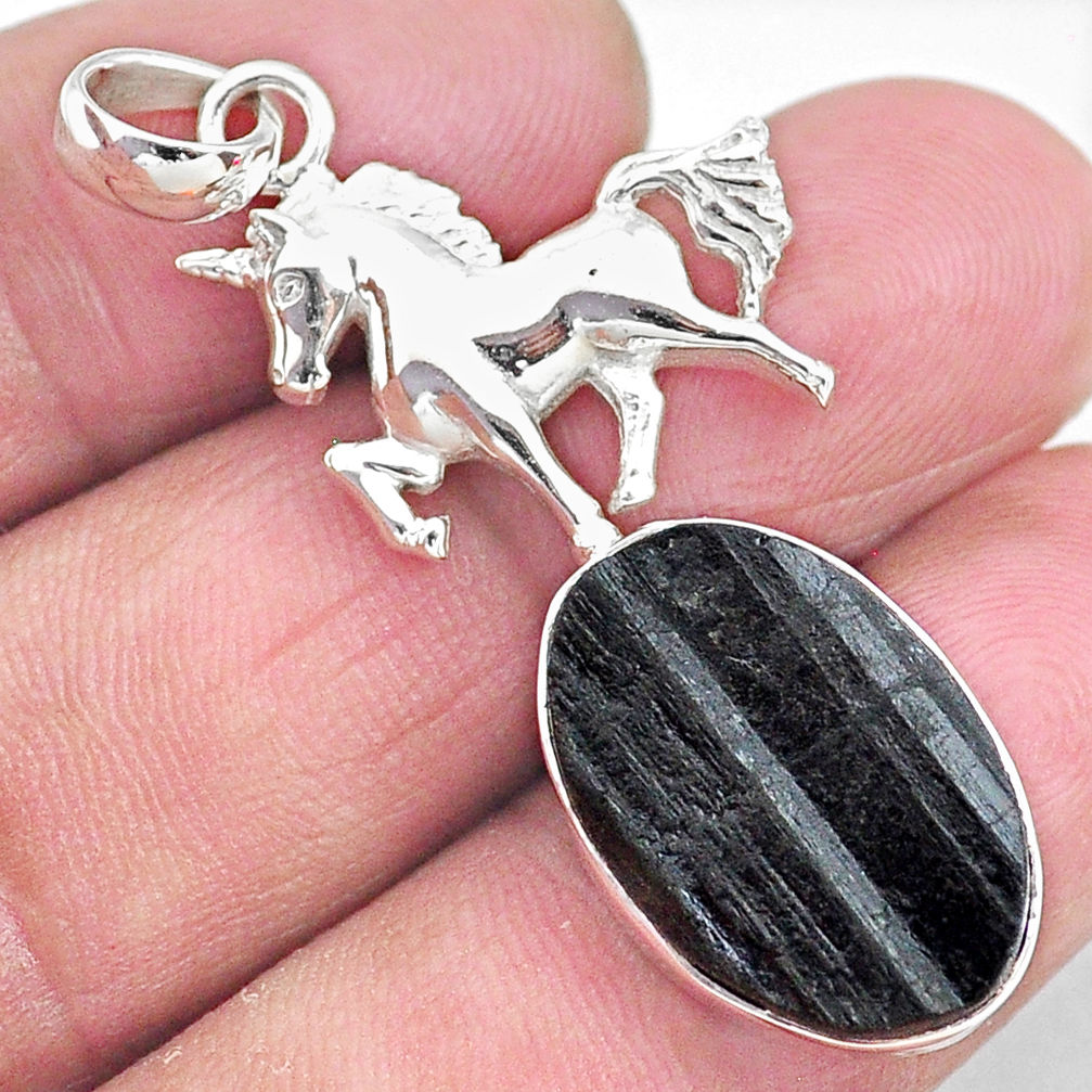 13.28cts natural black tourmaline raw 925 sterling silver horse pendant t9853