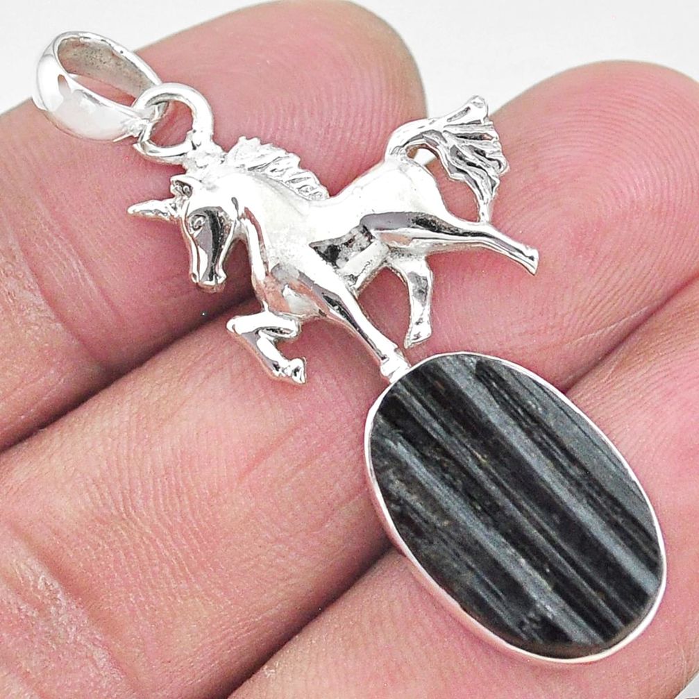 11.89cts natural black tourmaline raw 925 sterling silver horse pendant t9854