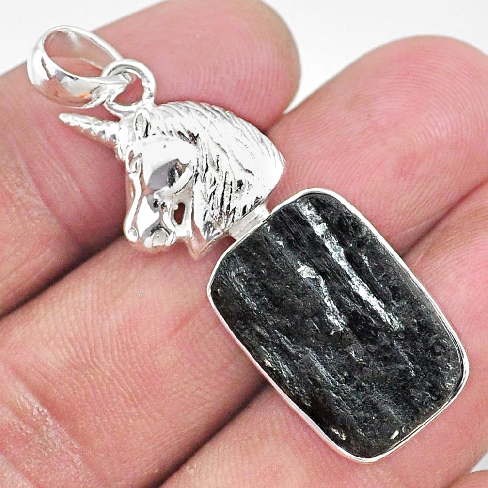 14.72cts natural black tourmaline raw 925 sterling silver horse pendant t9857