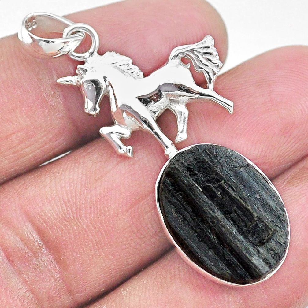 14.08cts natural black tourmaline raw 925 sterling silver horse pendant t9860