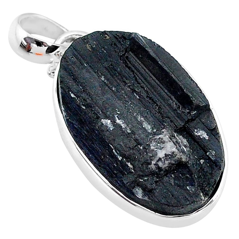 15.18cts natural black tourmaline raw 925 sterling silver pendant t9787