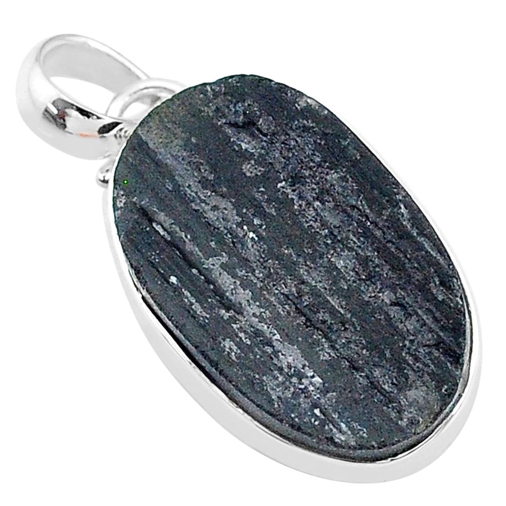 14.20cts natural black tourmaline raw 925 sterling silver pendant t9789
