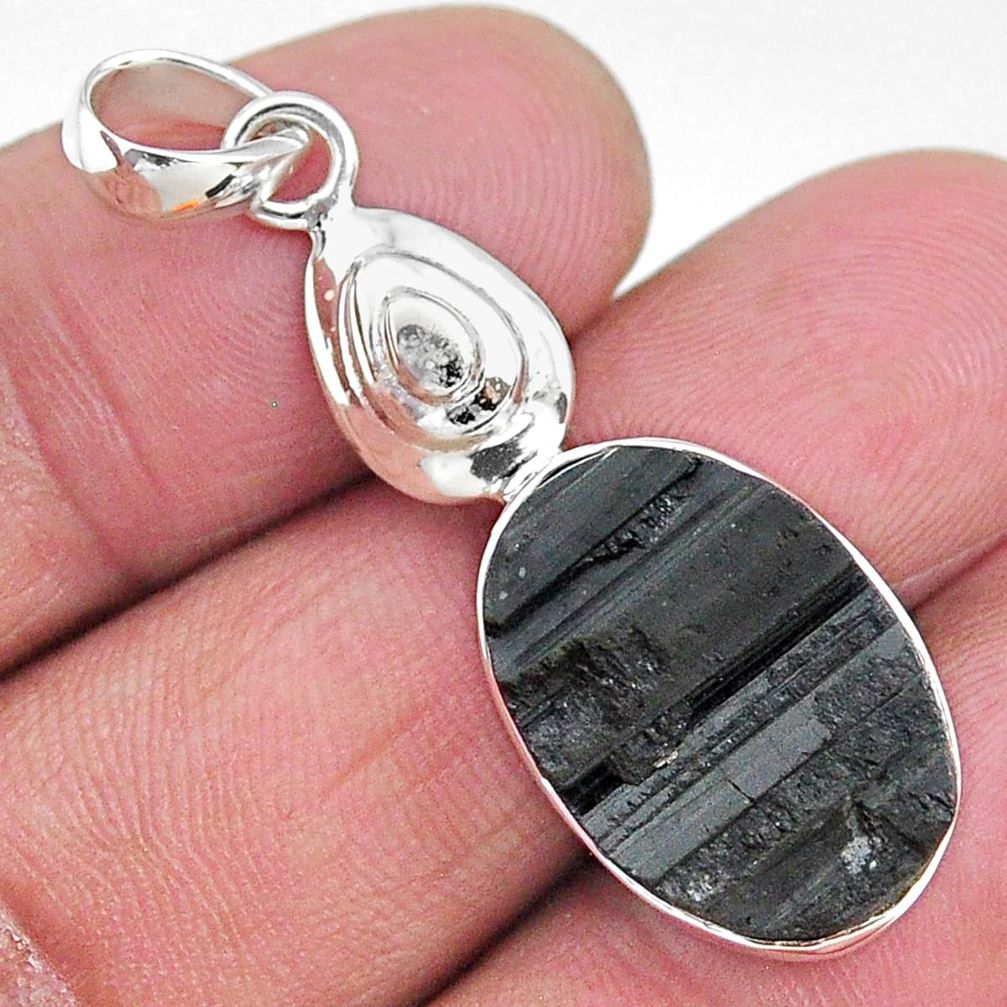 14.23cts natural black tourmaline raw 925 sterling silver pendant t9861