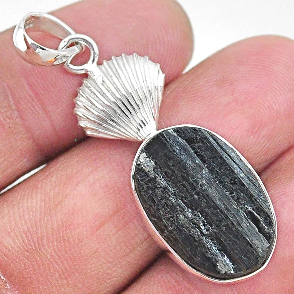 13.70cts natural black tourmaline raw 925 sterling silver pendant t9867