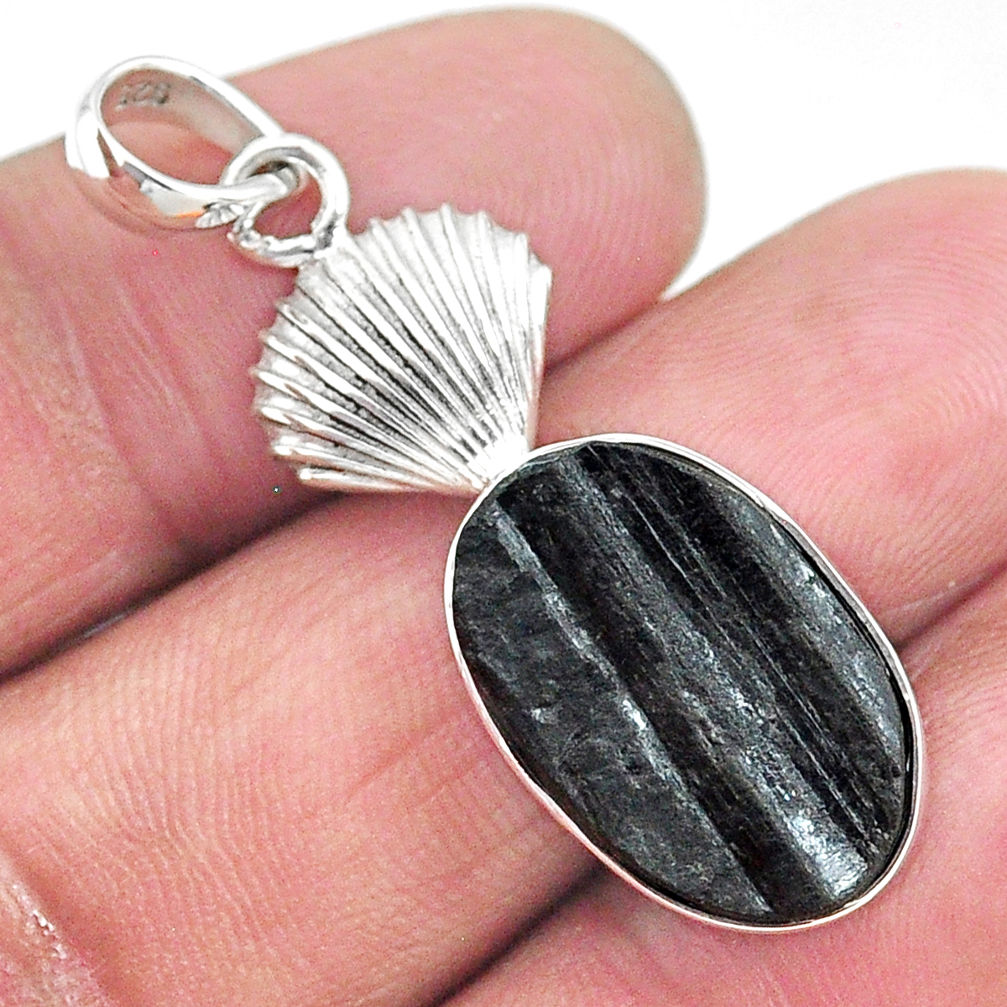 12.06cts natural black tourmaline raw 925 sterling silver pendant t9877