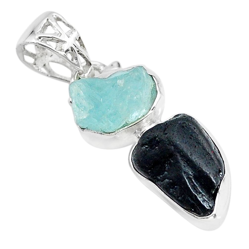 9.37cts natural black tourmaline rough aquamarine 925 silver pendant t20943