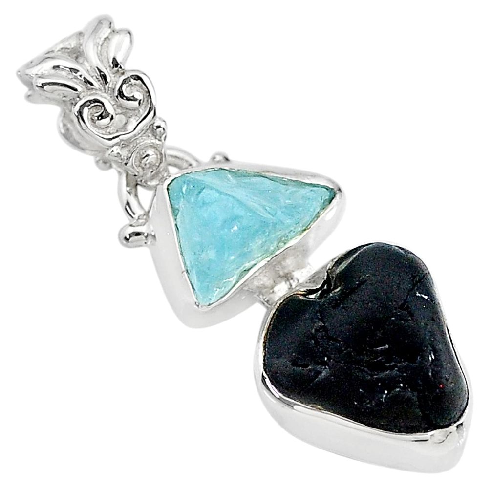 9.83cts natural black tourmaline rough aquamarine 925 silver pendant t20945