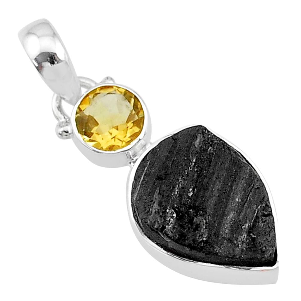 7.93cts natural black tourmaline raw citrine 925 sterling silver pendant t9778