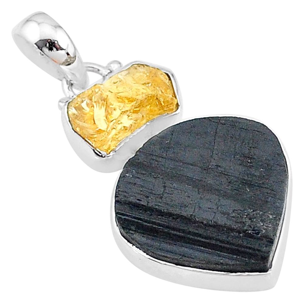 15.08cts natural black tourmaline raw citrine rough 925 silver pendant t9801