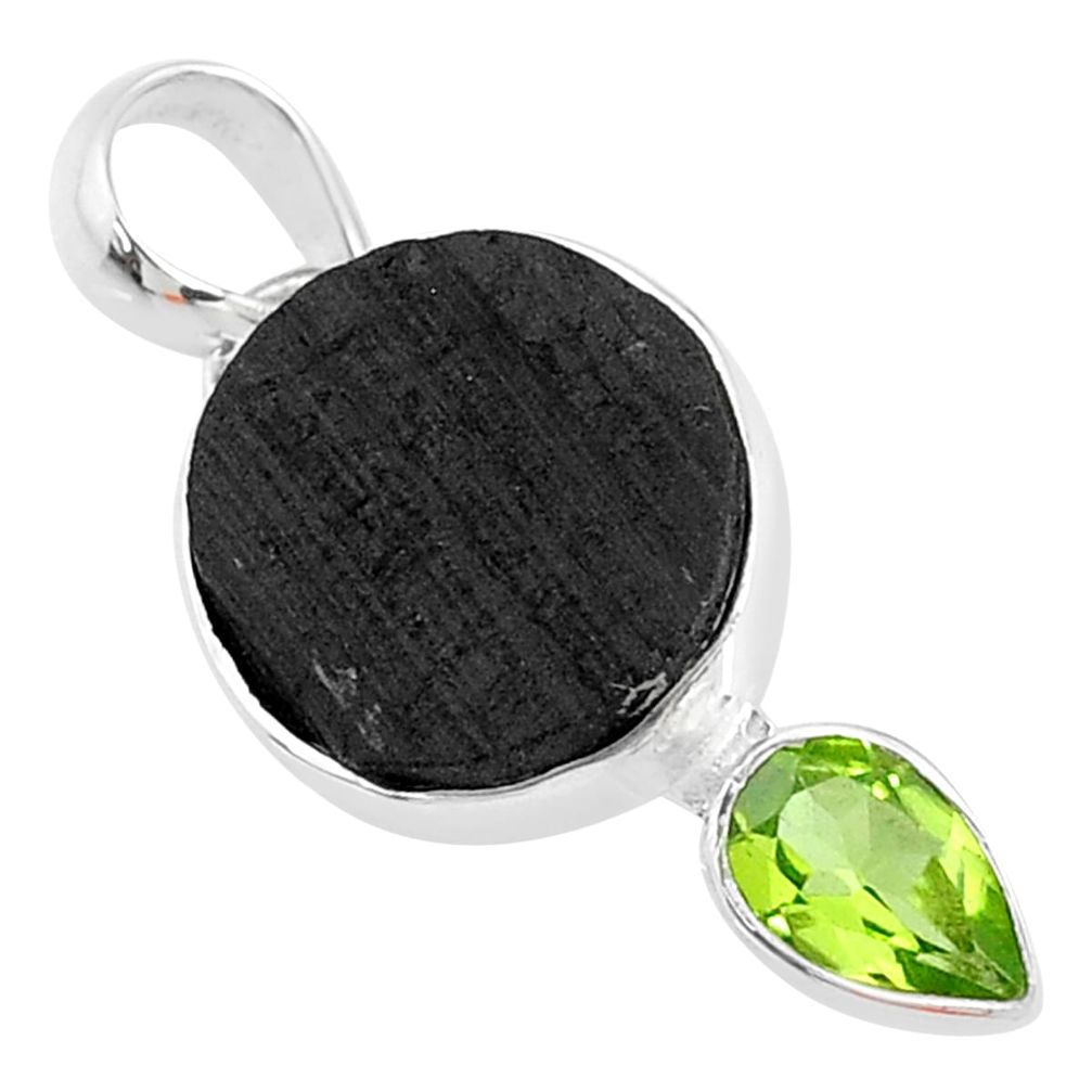 10.05cts natural black tourmaline raw green peridot 925 silver pendant t9768