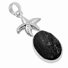 12.40cts natural black tourmaline rough oval 925 silver star fish pendant n29279