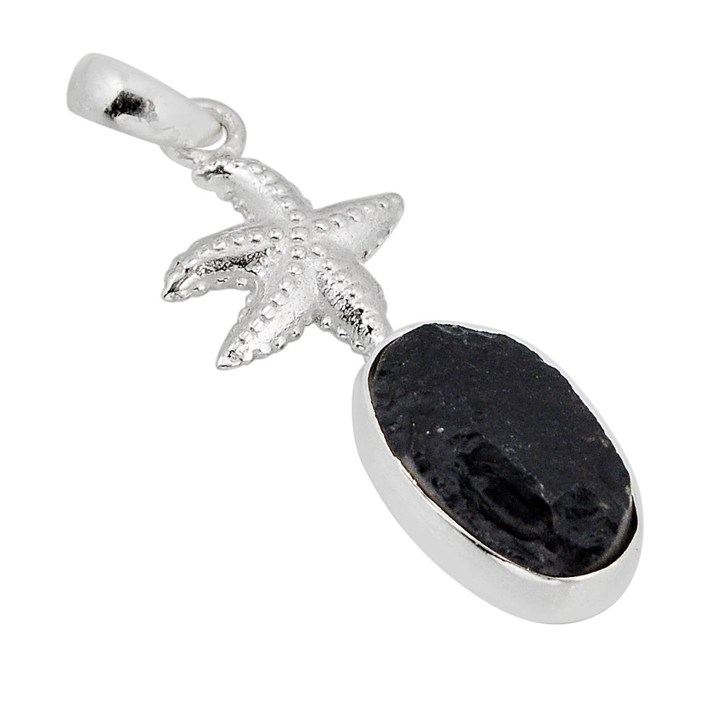 8.45cts natural black tourmaline rough oval 925 silver star fish pendant y70727