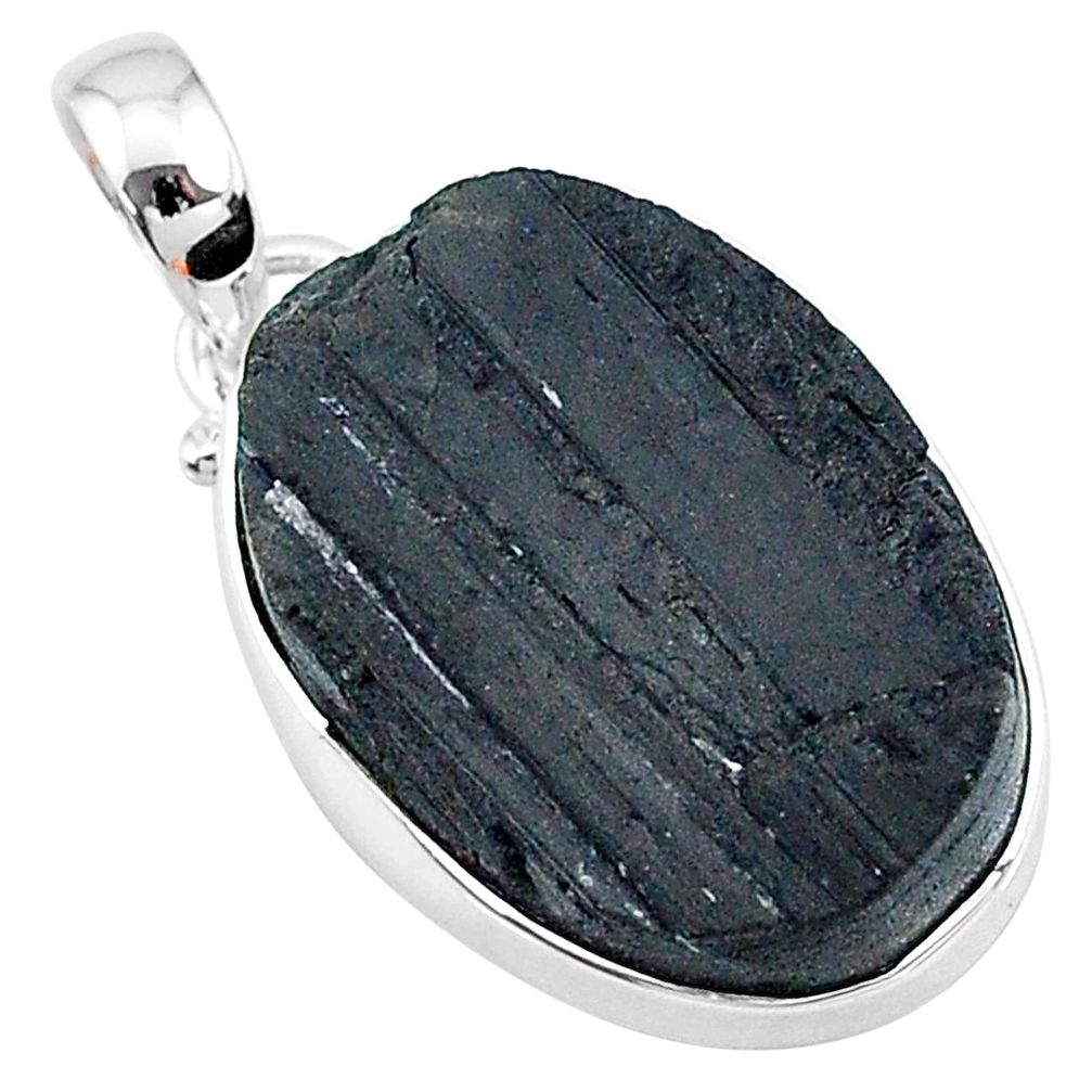 15.65cts natural black tourmaline raw oval 925 sterling silver pendant t9786