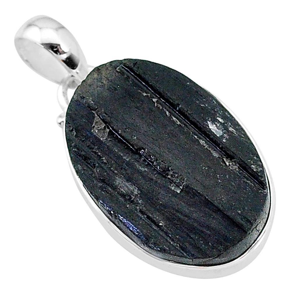 14.23cts natural black tourmaline raw oval 925 sterling silver pendant t9794