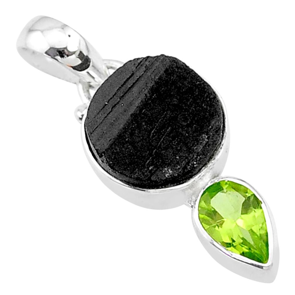 7.11cts natural black tourmaline raw peridot 925 sterling silver pendant t9772