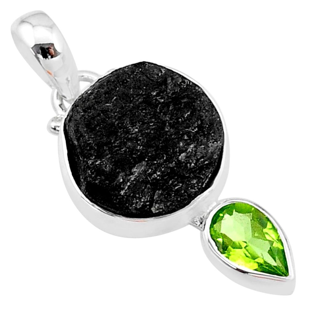 9.72cts natural black tourmaline raw peridot pear 925 silver pendant t9771