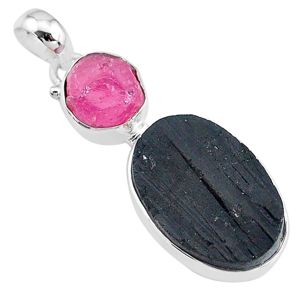 18.12cts natural black tourmaline raw ruby rough 925 silver pendant t9806