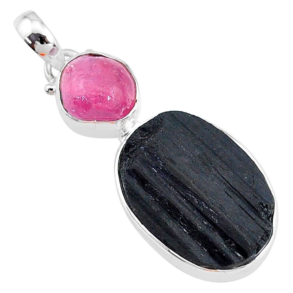 15.08cts natural black tourmaline raw ruby rough 925 silver pendant t9810
