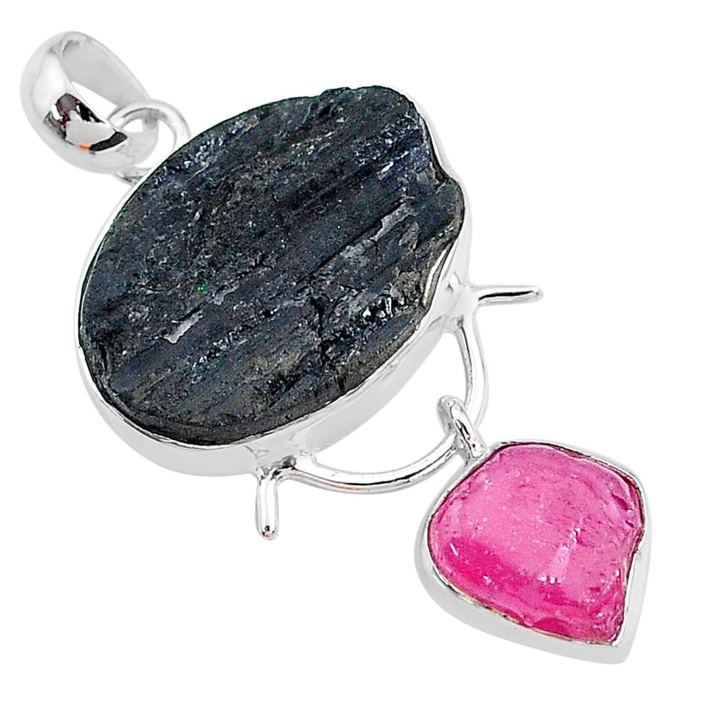 18.70cts natural black tourmaline raw ruby rough 925 silver pendant t9840