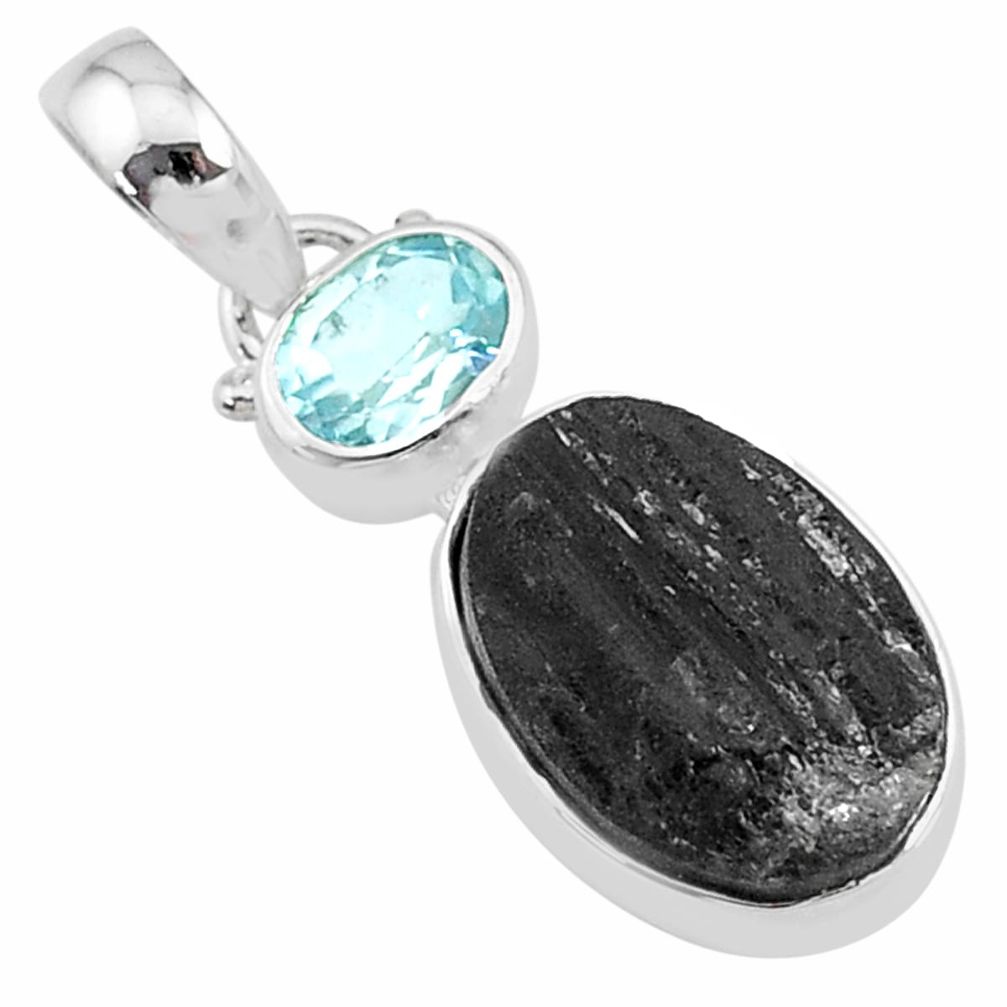 7.97cts natural black tourmaline raw topaz 925 sterling silver pendant t9769