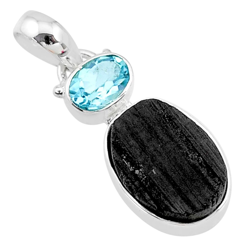 3.11cts natural black tourmaline raw topaz 925 sterling silver pendant t9775