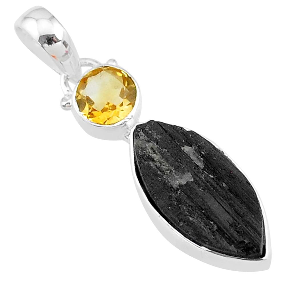 9.12cts natural black tourmaline raw yellow citrine 925 silver pendant t9767