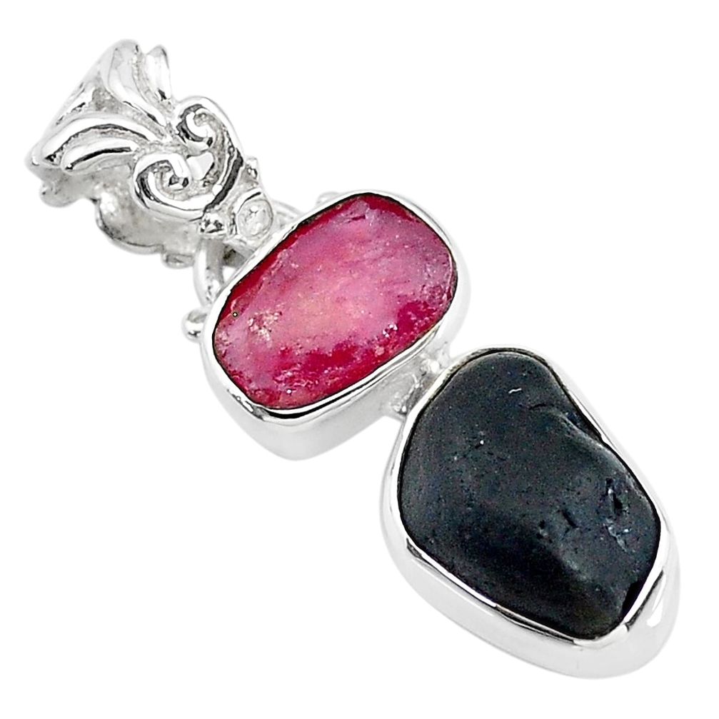 8.87cts natural black tourmaline ruby rough 925 silver pendant t20946