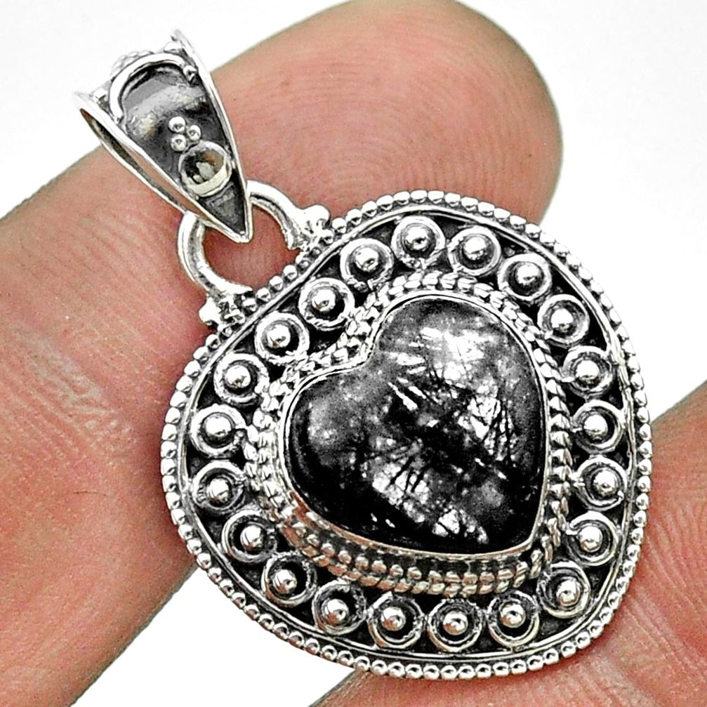 5.14cts natural black tourmaline rutile 925 sterling silver heart pendant t56179