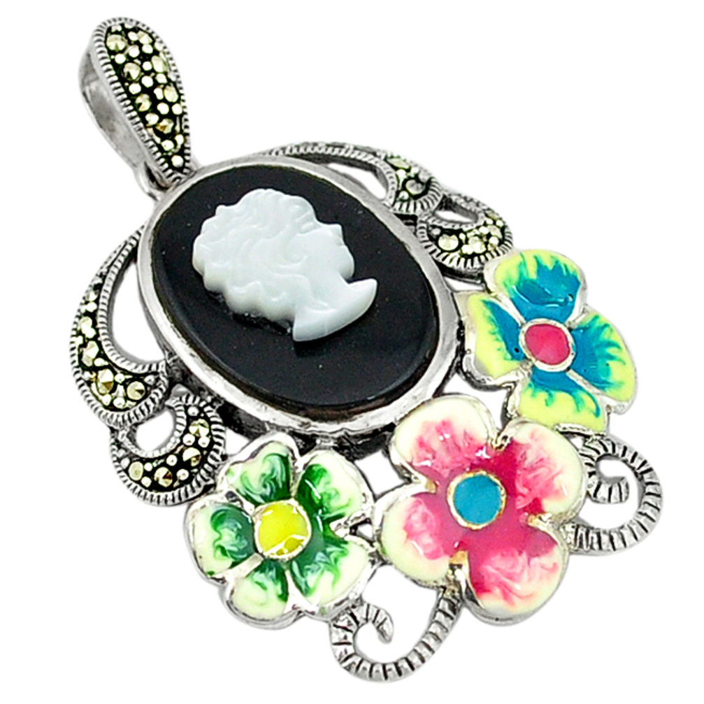 Natural blister pearl black onyx enamel 925 silver flower pendant c18853