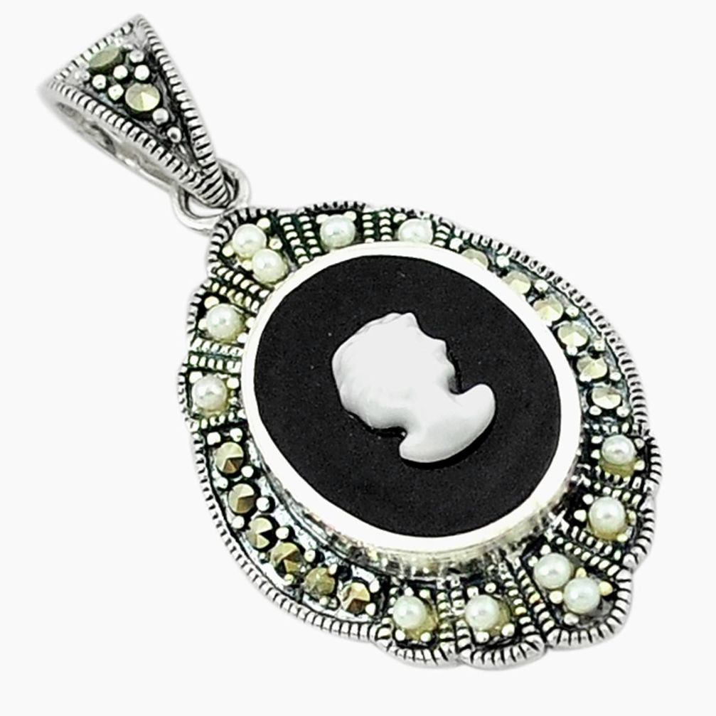 Natural blister pearl marcasite 925 sterling silver pendant jewelry c18854