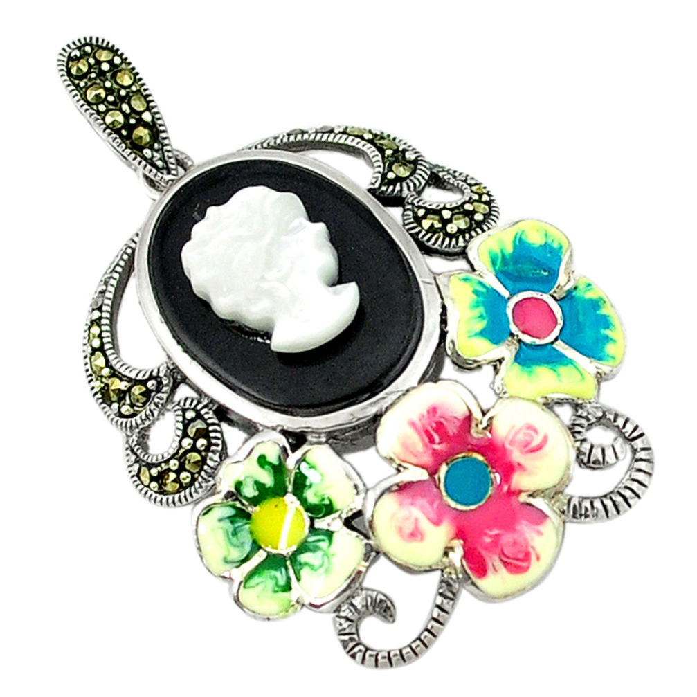 Natural blister pearl marcasite enamel 925 silver flower pendant jewelry c18859