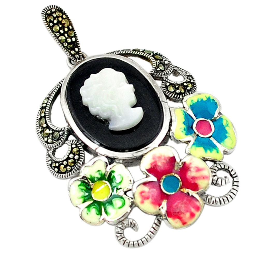 Natural blister pearl marcasite enamel 925 silver flower pendant jewelry c18850