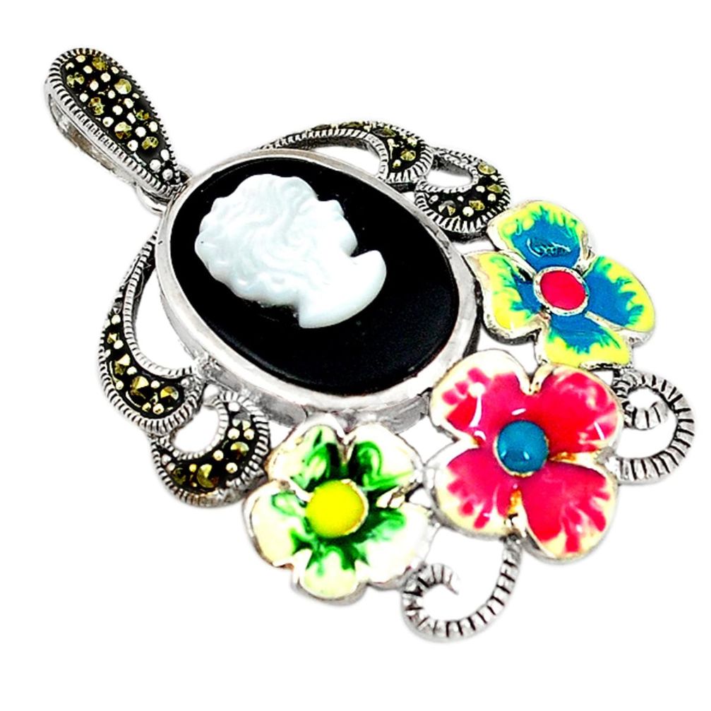 Natural blister pearl marcasite enamel 925 silver flower pendant c26118