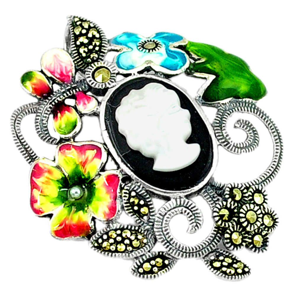 Natural blister pearl onyx enamel 925 silver flower pendant jewelry c18849