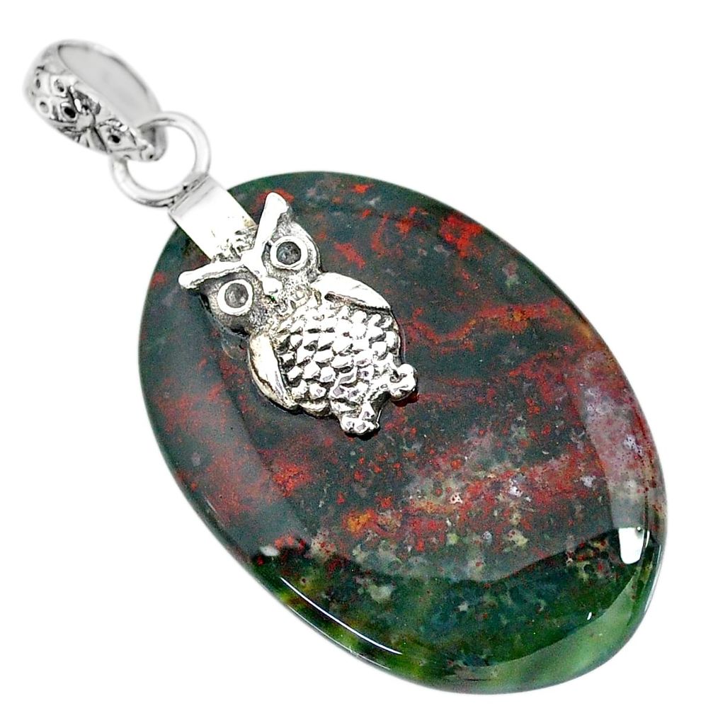 27.07cts natural bloodstone african (heliotrope) 925 silver owl pendant r90982
