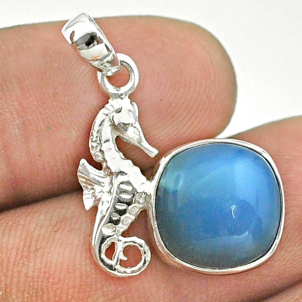 5.87cts natural blue angelite cushion sterling silver seahorse pendant t55257