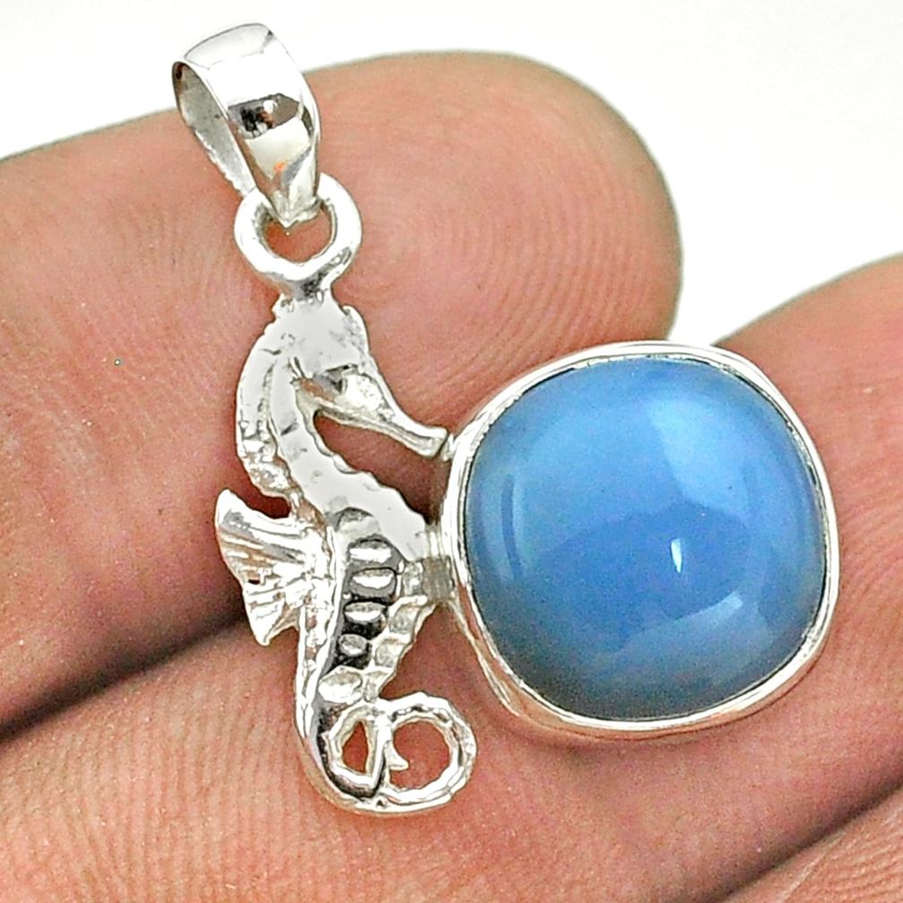 5.83cts natural blue angelite cushion sterling silver seahorse pendant t55258