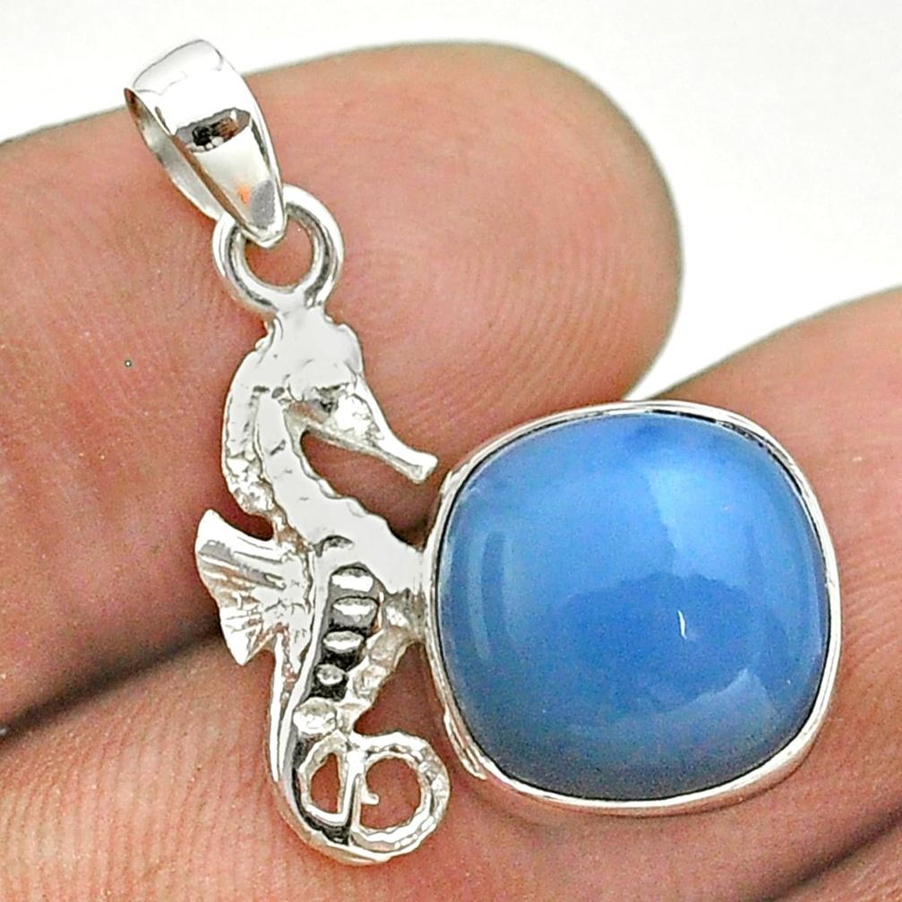 6.19cts natural blue angelite cushion sterling silver seahorse pendant t55259