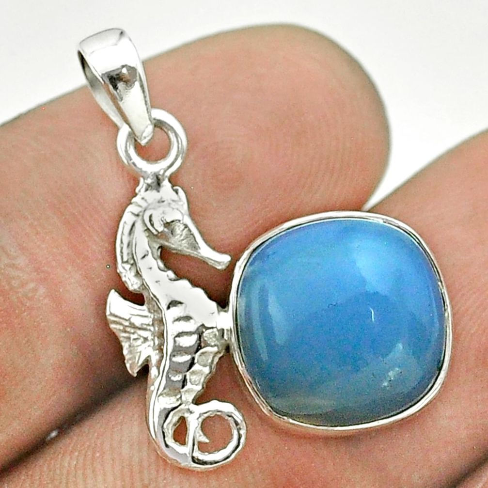 5.51cts natural blue angelite cushion sterling silver seahorse pendant t55266