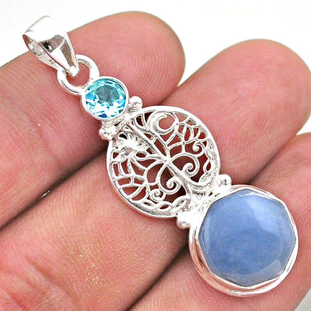 6.36cts natural blue angelite topaz 925 silver tree of life pendant t46401