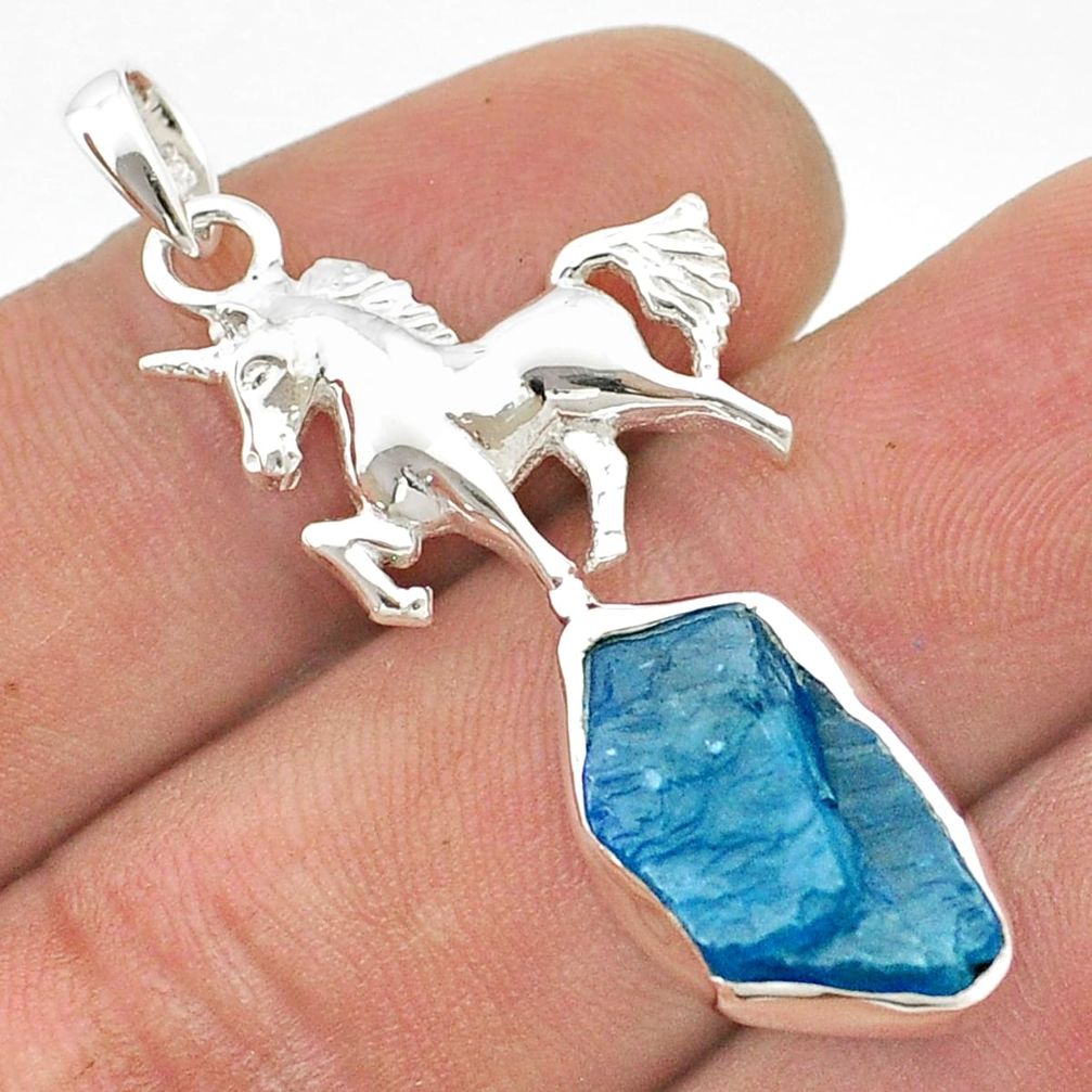 8.03cts natural blue apatite rough 925 sterling silver horse pendant u42313